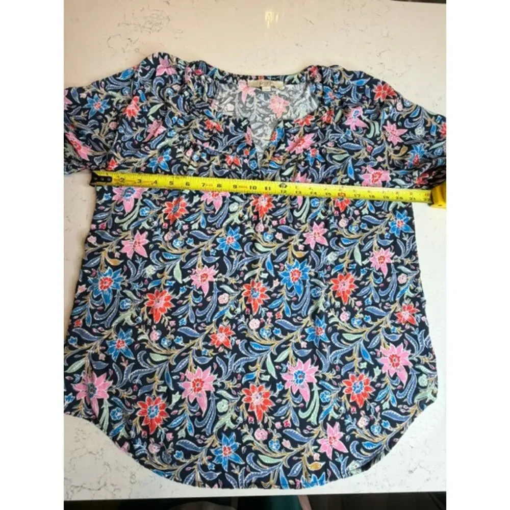 Loft Deep V-Neck Colorful Floral Blouse Puff Sleeve Sz Large